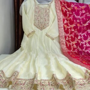 Vichitra Silk Anarkali Top with Banarasi Dupatta 2-Piece Set