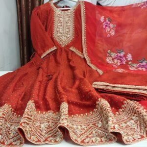 vichitra silk anarkali 3 piece set with chiffon dupatta